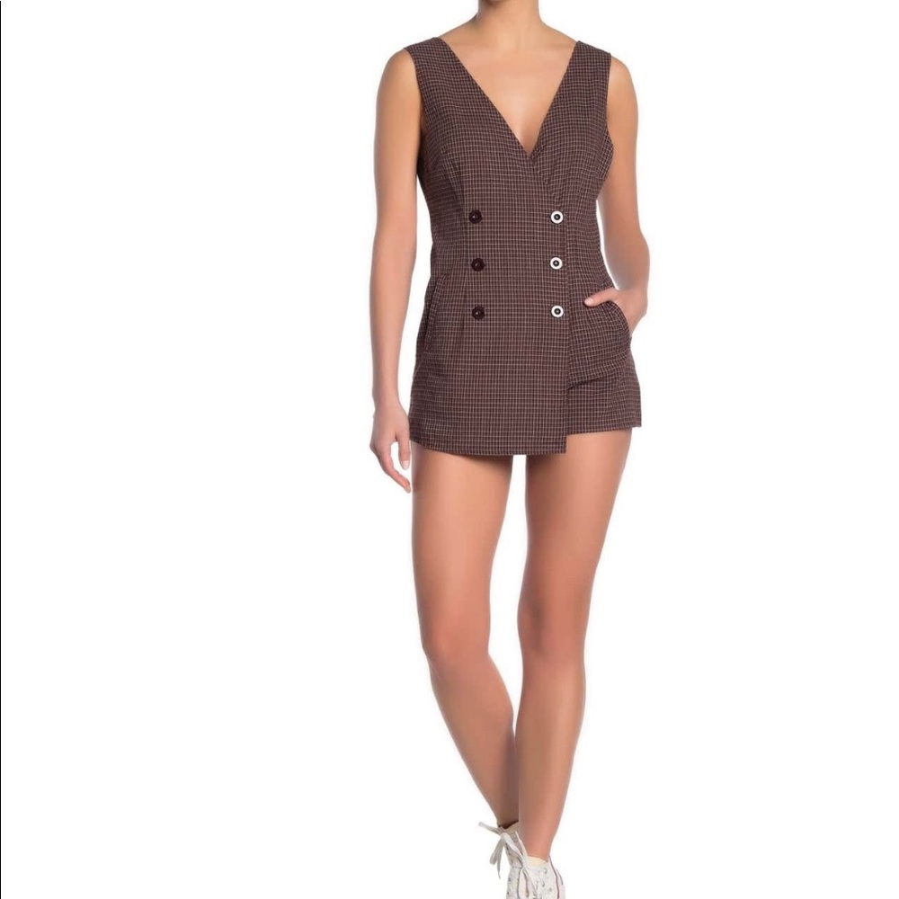 Wild honey plaid double breasted wrap romper ( L)